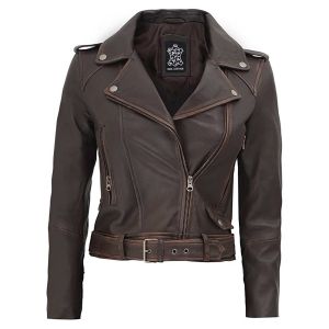 Ladies Brown Flap Collars Motorcycle Leather Jacket