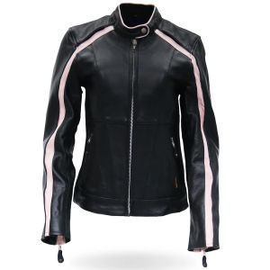 Ladies Pink Striped Motorcycle Leather Jacket