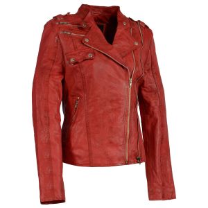 Ladies Distressed Red Leather Motorcycle Jacket