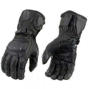 Mens Black Leather Gauntlet Racing Motorcycle Gloves