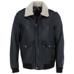 Men Black Leather Winter Jacket With Detachable Collar