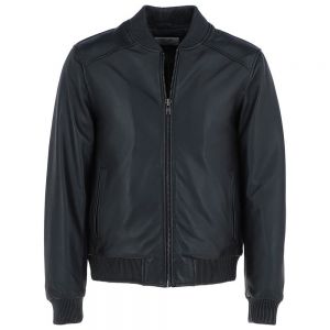 Mens Ribbed Leather Collar Black Bomber Jacket