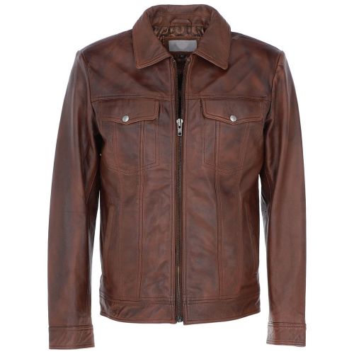 Mens Frint Zipper Leather Tan Bomber Jacket