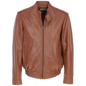 Mens Zip Fastening Closure Leather Tan Bomber Jacket