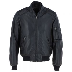 Mens Regular Fit Leather Black Bomber Jacket