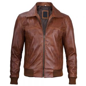 Mens Distressed Brown Leather Bomber Jacket