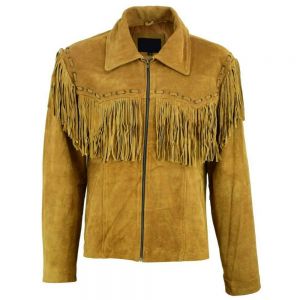 Men Western Brown Suede Leather Fringe Jacket