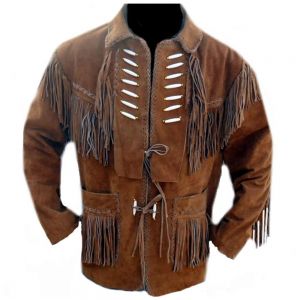 Men Brown Fringed Suede Western Jacket