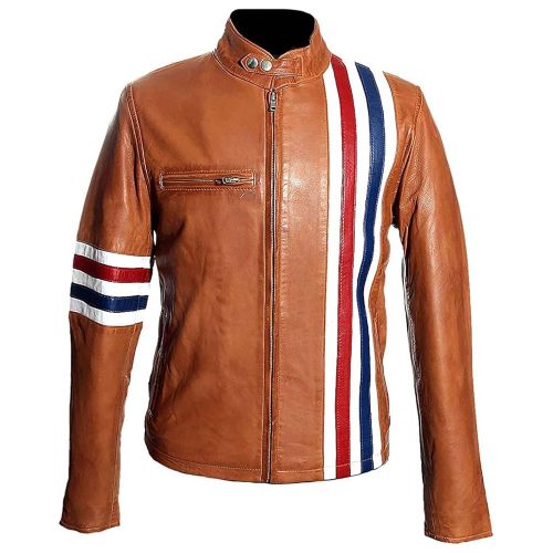 Mens American Flag Stripes Biker Leather Jacket