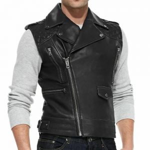 Mens Classic Sleeveless Leather Motorcycle Jacket