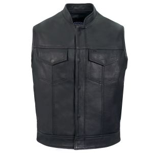 Mens Cowhide Leather Covered Zipper Motorcycle Vest