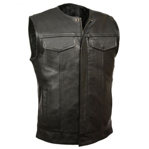 Mens Collarless Motorcycle Rider Leather Vest