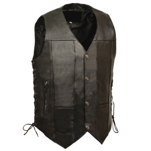 Mens V-Neck Side Lace Motorcycle Rider Leather Vest