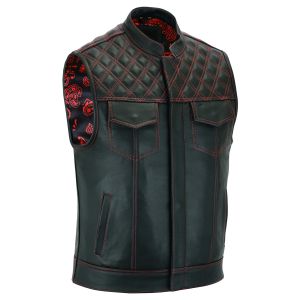 Mens Red Diamond Stitch Black Leather Vest