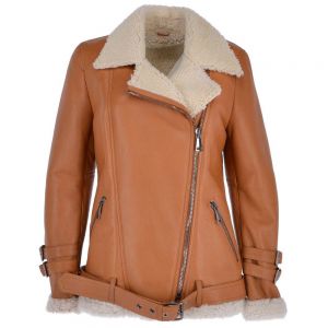 Ladies Luxury Side Zip Sheepskin Tan Wniter Jacket