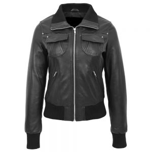 Womens Black Leather Bomber Jacket