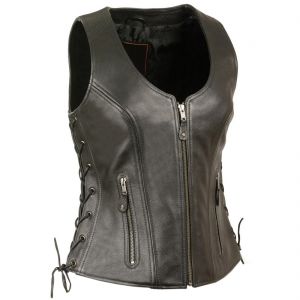 Womens Black Leather V-Neck Motorcycle Rider Vest