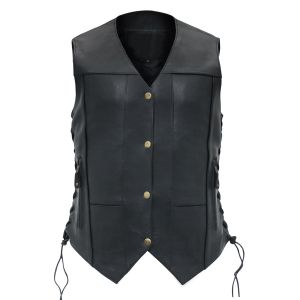 Women Black Motorcycle Ten Pocket Leather Vest