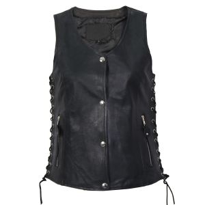 Womens Motorcycle Black Lambskin Side Lace Biker Vest