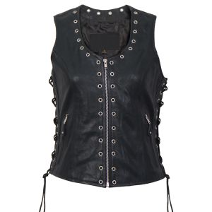 Women Black Lambskin Silver Zipper Motorcycle Vest