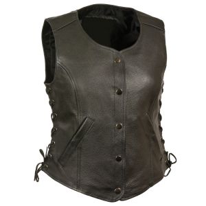 Womens Black Leather 4-Snaps Closure Motorcycle Vest