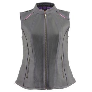 Women Black Purple Vented Leather Motorcycle Vest