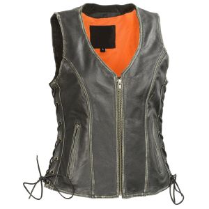 Women Black Front Zipper Motorcycle Leather Vest