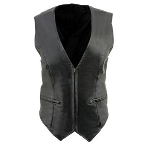 Women Black Deep V-Neck Motorcycle Leather Vest