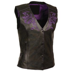 Women Black Open V-Neck Embroidered Motorcycle Vest